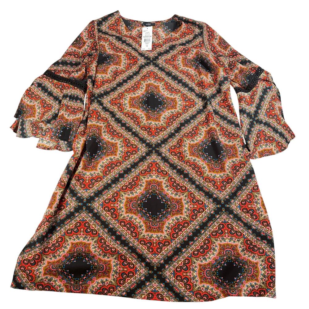 NWT MSK woman black red blue geometric print dress. Size 1X. career, 3/4 sleeve